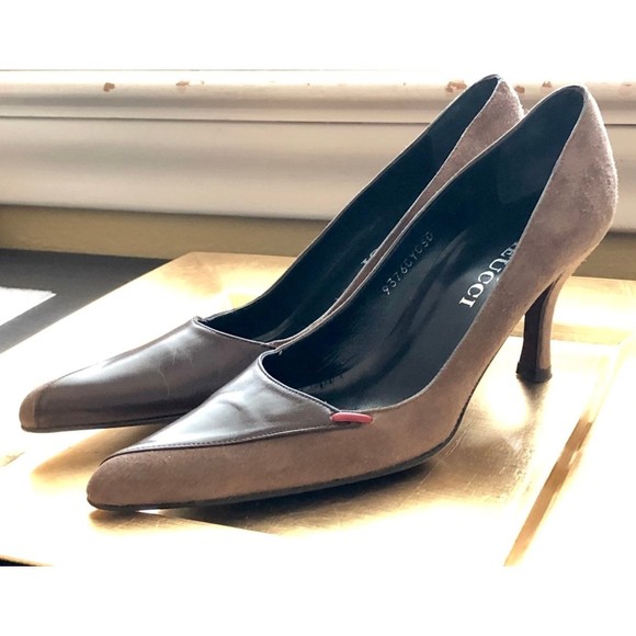 Sesto Meucci Brown Taupe Suede & Contrast Leather Pointy Toed Heels 6.5 N Narrow - Picture 2 of 12